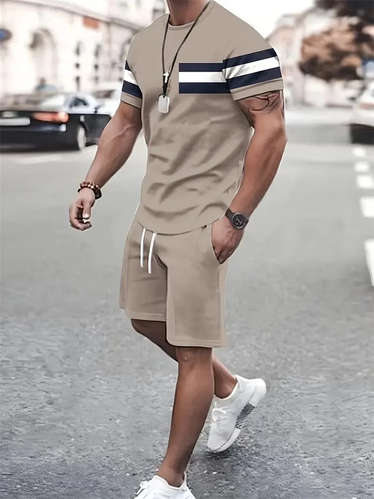 Boutique Men\'s Summer Casual Sports Short Sleeve Suit Simple Splicing Printed Round Neck T Shirt Drawstring Pocket Shorts Suit