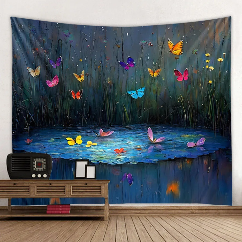 

Forest Pond Butterfly Tapestry - Lush Jungle Waterfall Sky Bedroom Living Room Oil Painting Wall Decoration Background Cloth