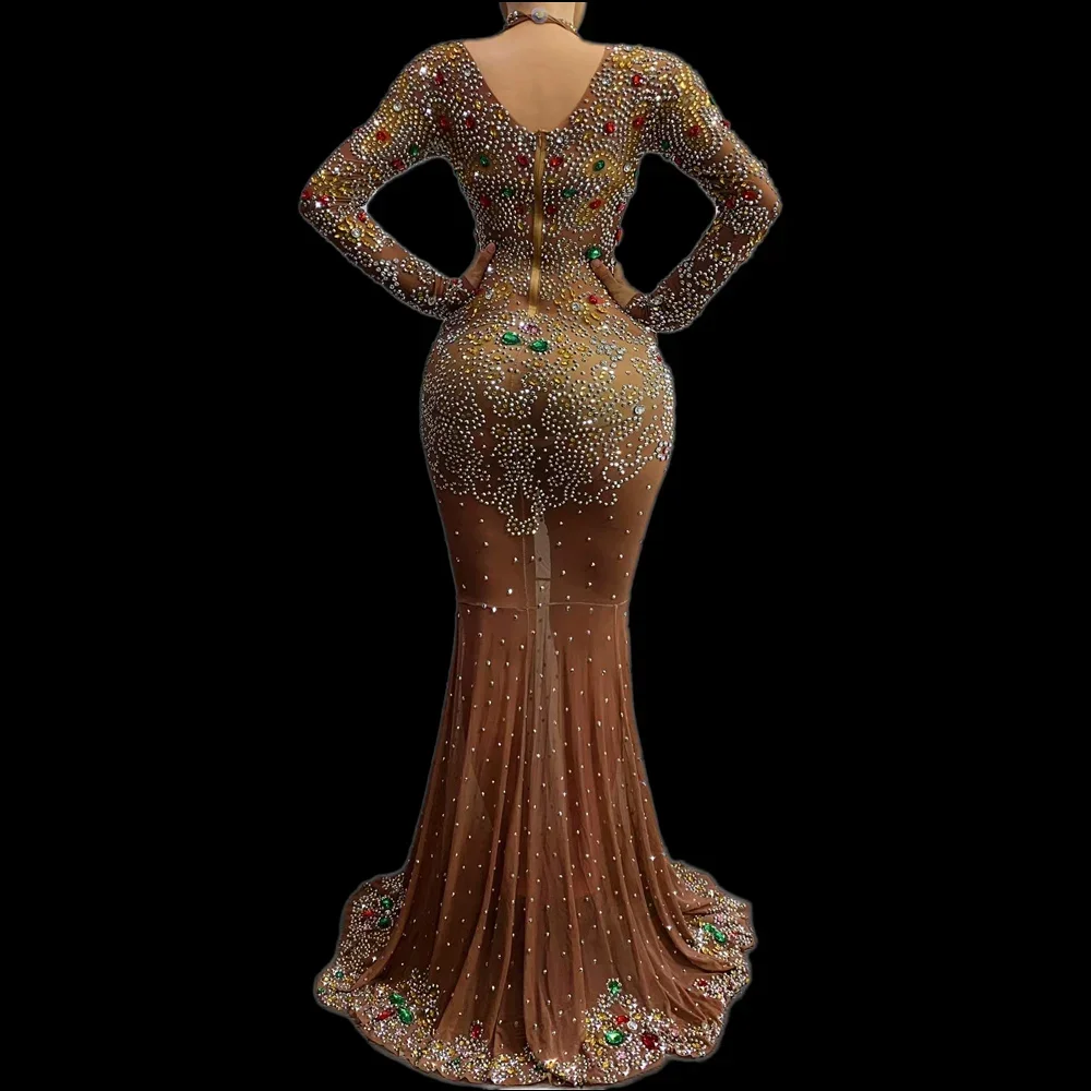 Abito sexy lungo marrone con strass brillanti per le donne, banchetto serale, abbigliamento, festival, sala da ballo, costumi da intrattenimento