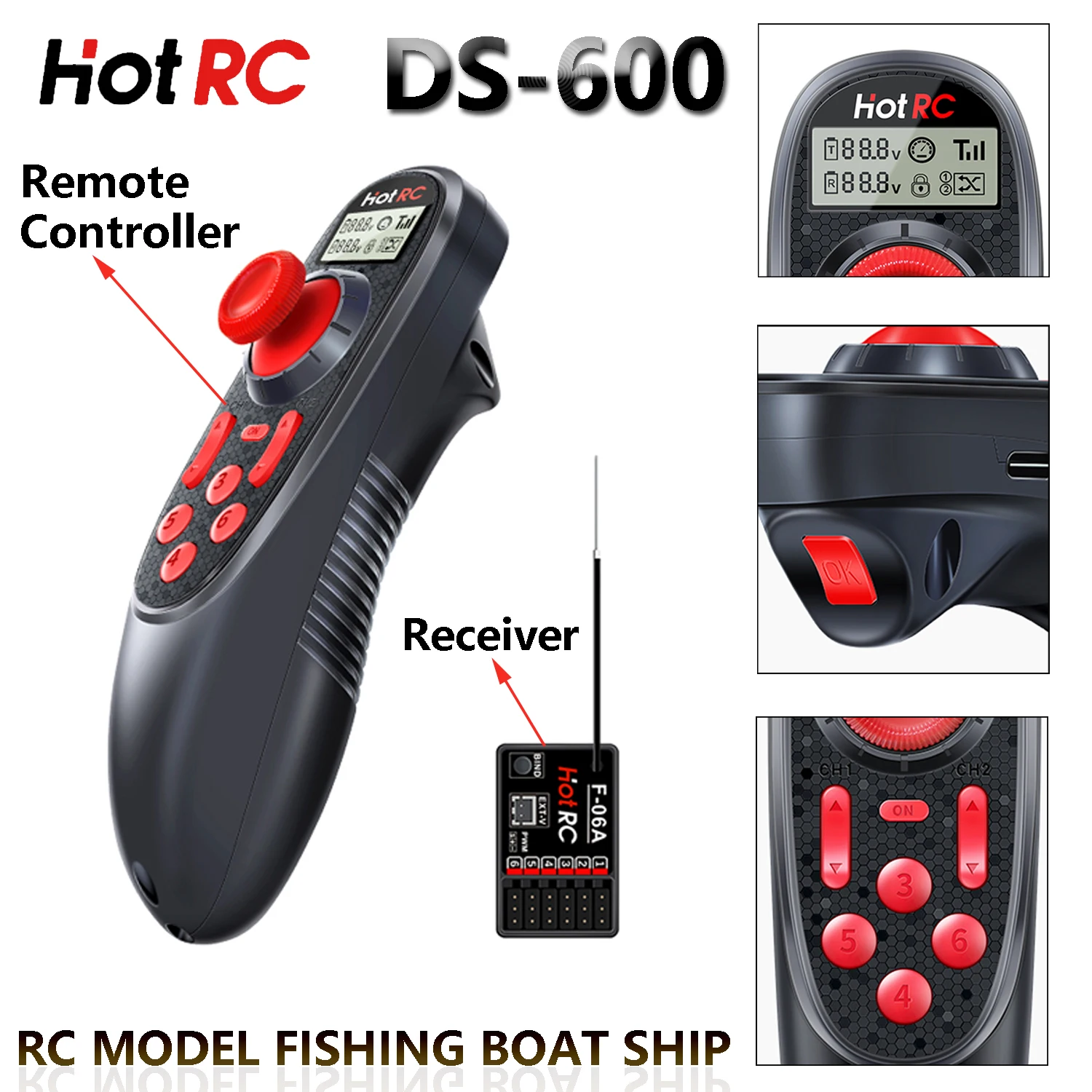 HOTRC DS-600 6-kanałowy system radiowy 2.4GHz Nadajnik zdalnego sterowania z odbiornikiem PWM F-06A DC 4V-9V do modeli RC, łodzi wędkarskich