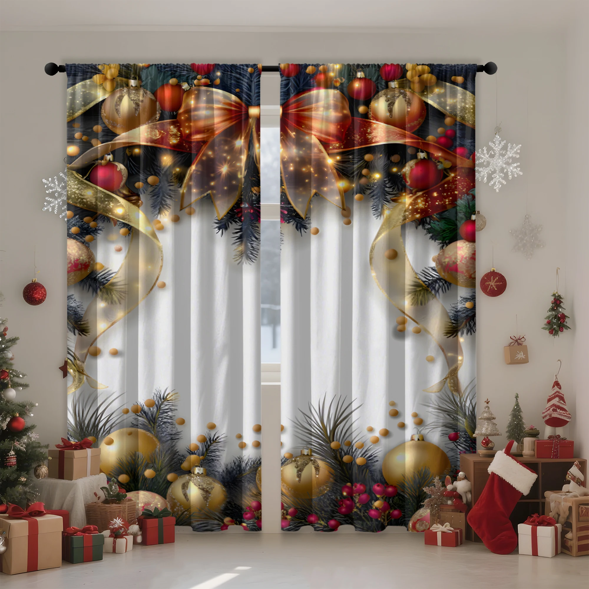 

2X Festive Christmas Curtains - Polyester Fabric for Bedroom,Living Room or Office,Machine Washable,Includes Hanging Tiebacks,Chr