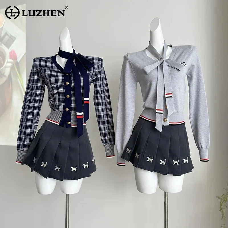 LUZHEN Elegant Sweet Style Plaid Printed Ribbon Decorate Long Sleeve T-shirt 2024 New Ruched Short Skirt Two-piece Sets AA1711