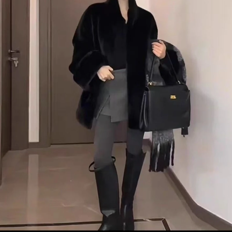 Fur Stand-up Collar Jacket New Winter Medium and Long Long Loose Imitation Mink Elbow Sleeves