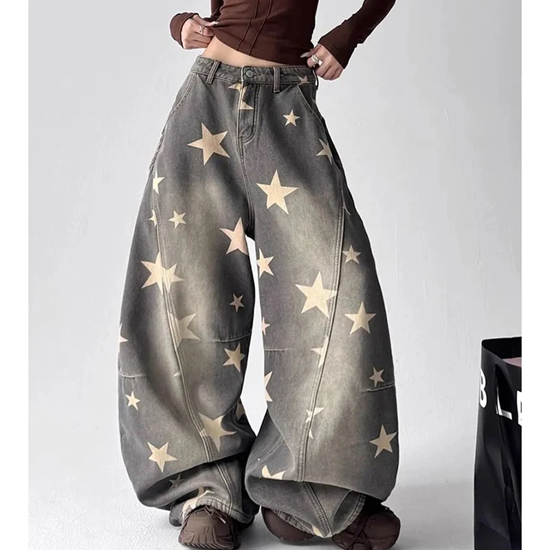 

Американские винтажные уличные джинсы, женские широкие брюки со звездами, повседневные джинсовые брюки в стиле хип-хоп с высокой талией, джазовые брюки Harajuku Y2K