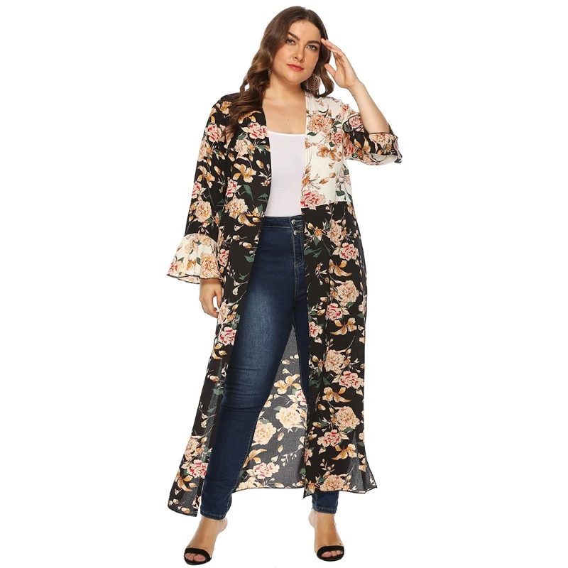 Women Long Sleeve Kimono Cardigan Contrast Color Floral Print Beach Cover Up Top