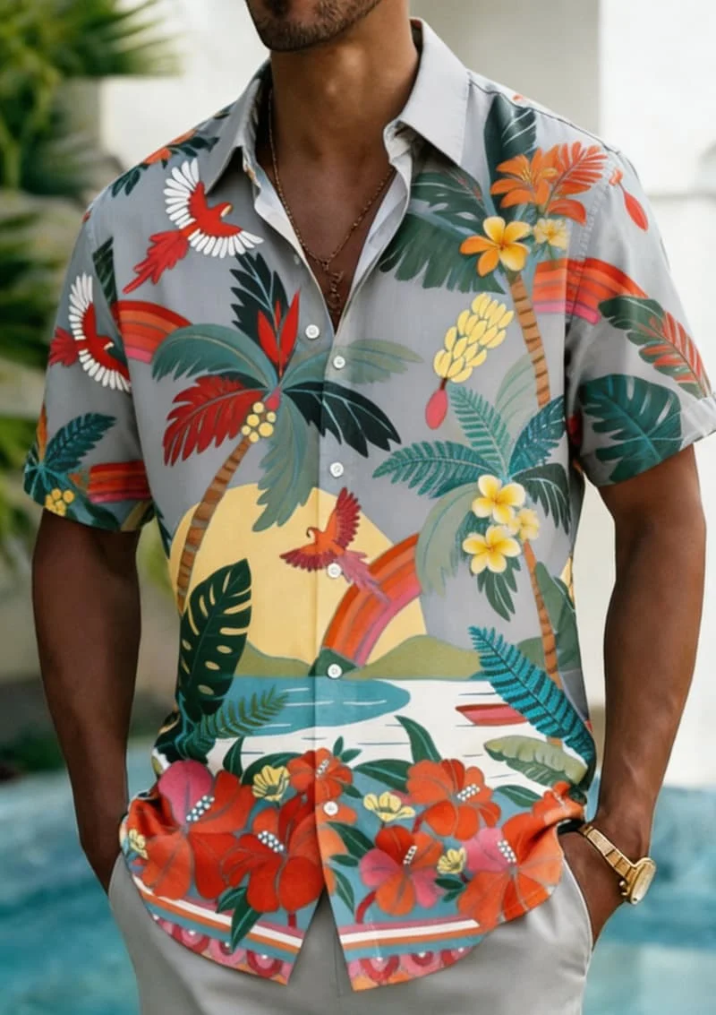 Men's Premium Tropical Bird Flower Plant Lapel Shirt, Luxury Casual Design for Summer Vacation, High-End Beachwear & Daily Style