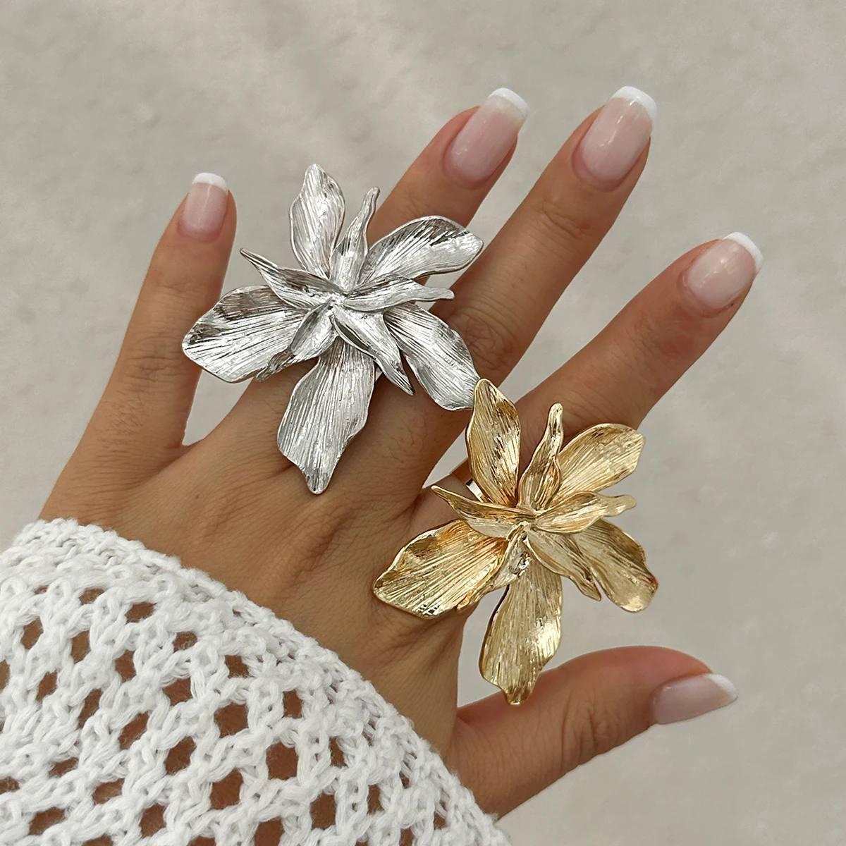 IngeSight.Z Exaggerated Bilayer Big Flower Ring for Women 2024 Personality Metal Punk Party Finger Ring Jewelry Accessories