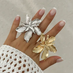 IngeSight.Z Exaggerated Bilayer Big Flower Ring for Women 2024 Personality Metal Punk Party Finger Ring Jewelry Accessories