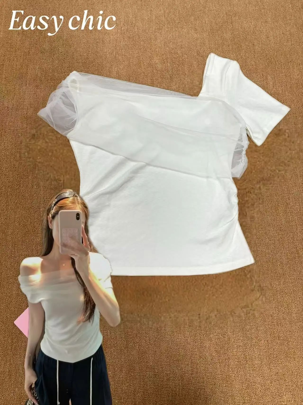 

Sexy Casual One-Shoulder White Stretchy Sheer Mesh Top | Women's Slim Fit Off-Shoulder Blouse for Summer