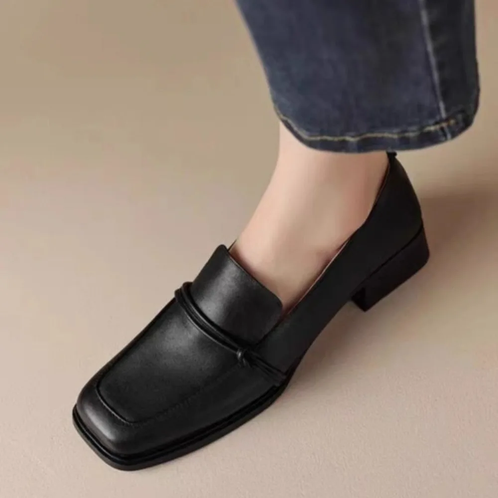 Classic Loafers Women Cow Leather Square Toe Pumps Slip-on Retro Lady Casual Cozy Shoes Handmade Size 40