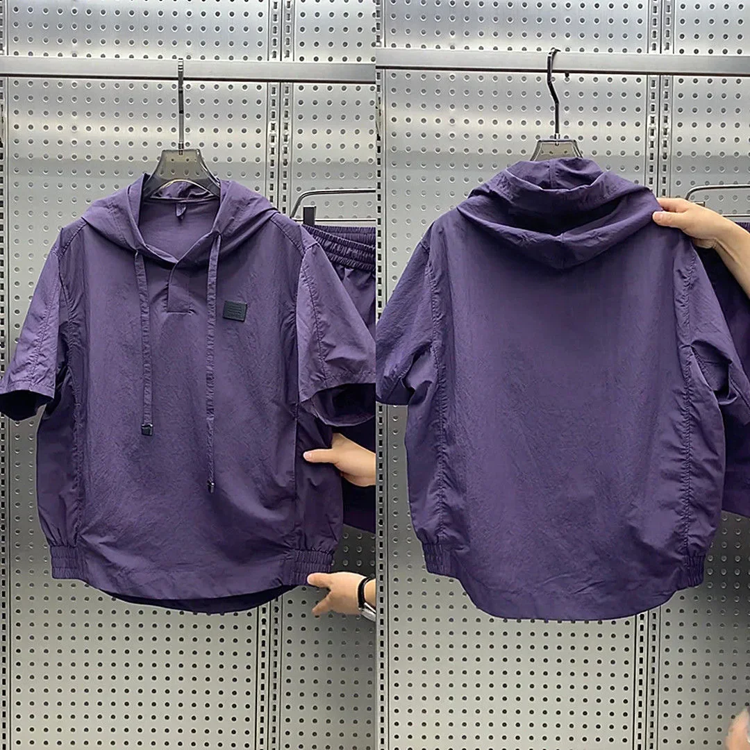 

Летний легкий дышащий солнцезащитный комплект с капюшоном, свободный комплект из двух предметов для мужчин и женщин, мужской повседневный костюм, мужская спортивная одежда