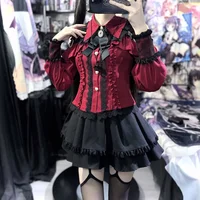 Dark Sweet Heart Ground Type Lolita Set, Ruffle Sleeve Top & A-line Skirt, Cute Kawaii Japanese Style Gothic Coord Outfit S-XL