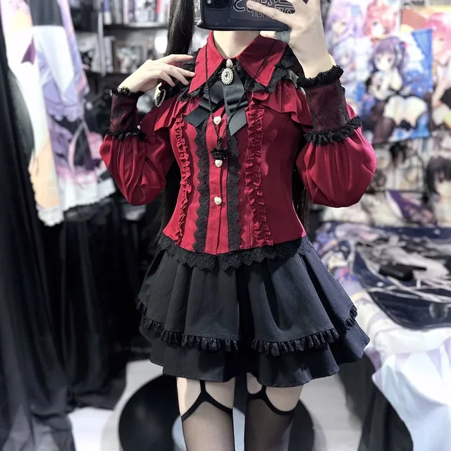 Dark Sweet Heart Ground Type Lolita Set, Ruffle Sleeve Top & A-line Skirt, Cute Kawaii Japanese Style Gothic Coord Outfit S-XL