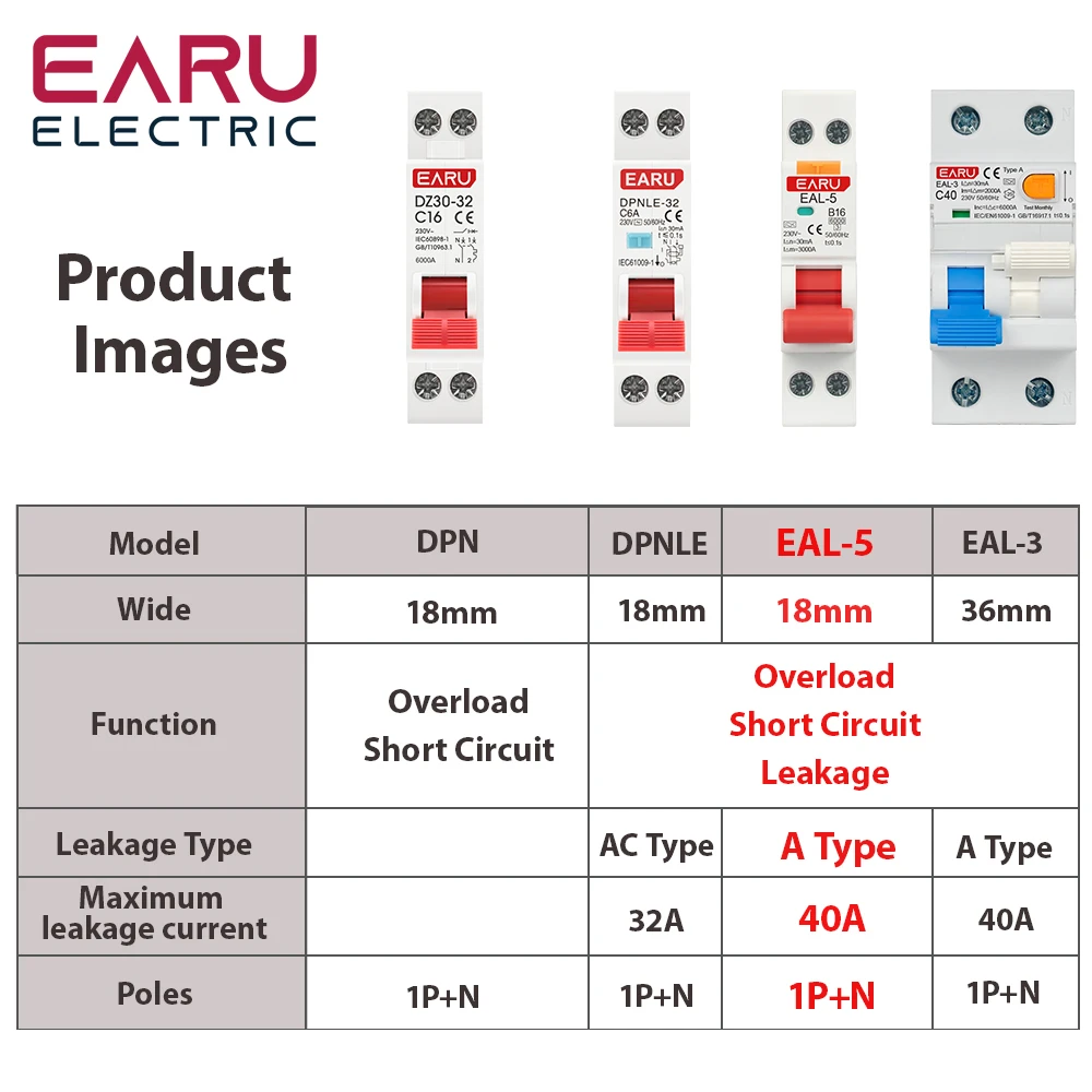 

18 мм 1P + N AC 230 В Тип A 6A-40A B C Curve RCBO MCB Автоматический выключатель остаточного тока от короткого тока 30 мА Защита от утечки