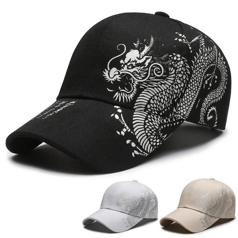 1 Pc Cotton Baseball Cap With Chinese Dragon Print Adjustable Strap Multiple Colors For Daily Wear Outdoor Sports Hiking
