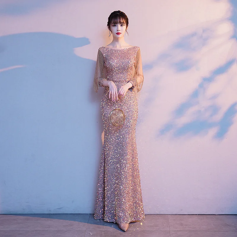 2024Summer Fishtail Annual Party Evening Dress Women's Fashionable Sequins Temperament Dress Host Long Banquet Dress