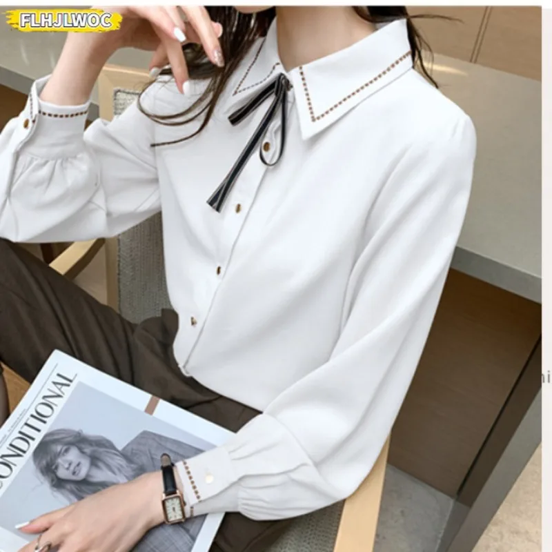 

2025 Spring White Shirts Office Lady Formal Work Cute Sweet Japan Girls Women Long Sleeve Button Lace-Up Ribbon Bow Tie Tops