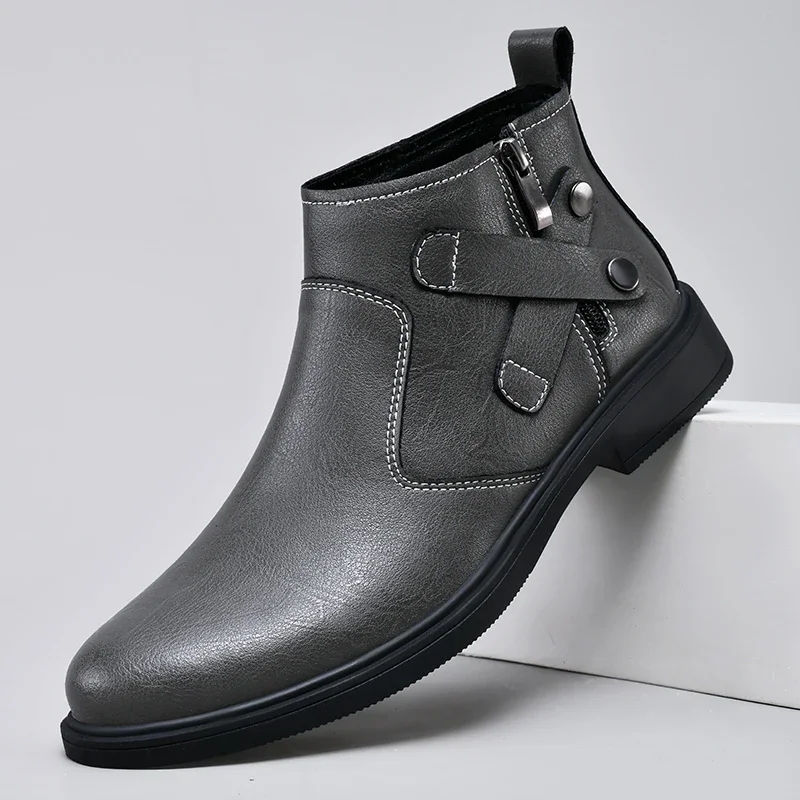 Botas Chelsea de alta calidad para hombre, botines de mezclilla blancos de tacón bajo con cremallera lateral, botas formales de cuero para negocios,