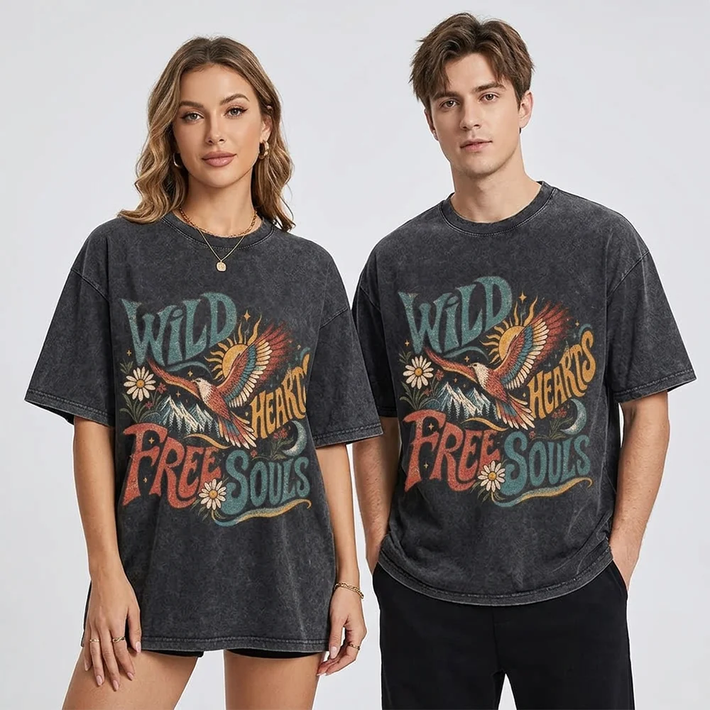 Unisex Wild Hearts Free Souls T Shirt Vintage Eagle Graphic Tees Western Country Loose Short Sleeve Tops Acid Wash Streetwear
