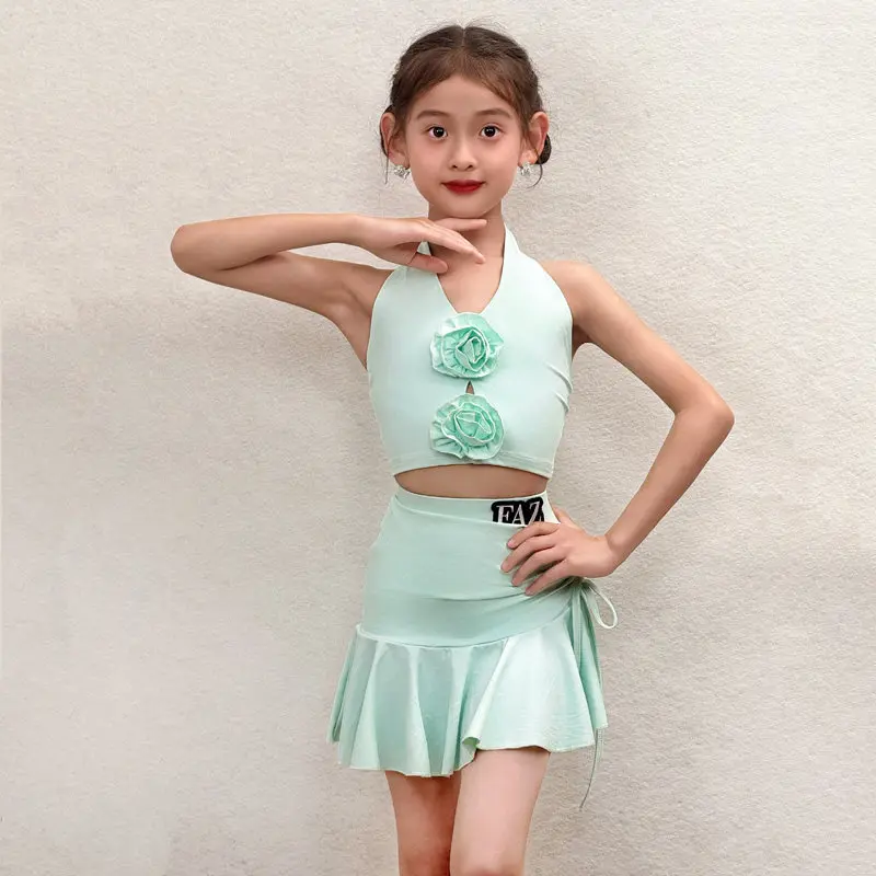 

2026 Children Latin Dance Practice Outfits For Girls Green Tops Split Skirts Suit Samba Chacha Tango Kids Latin Clothes XH4873
