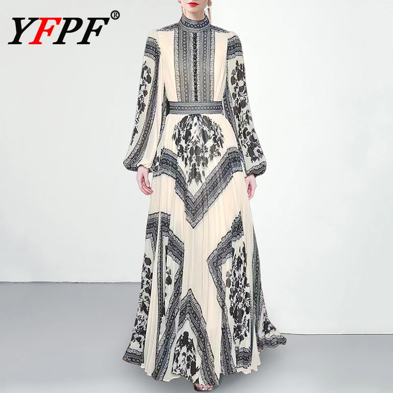 

YFPF Miyake Pleated Printing Design Long Dress For Women Fashion Lantern Sleeve Contrast Color Elegant Dresses 2025 New 3A407