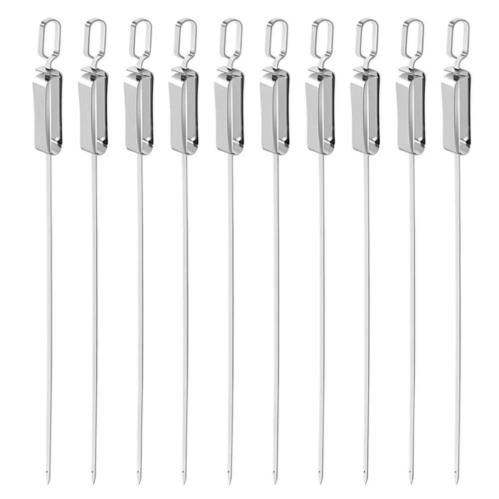 Durable Stainless Steel BBQ Skewer Set Metal Shish Kabob Sticks With Slide Pusher Tool For Outdoor Backyard Grilling Use
