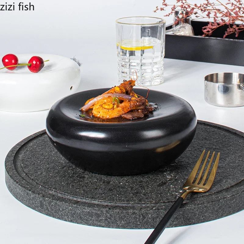 Solid Color Black White Ceramic Snack Plate Dessert Sushi Plate Molecular Cuisine Display Plate Restaurant Creative Tableware