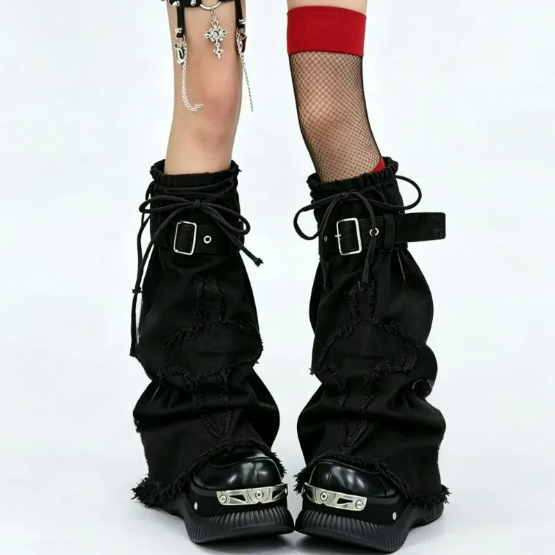 Lolita Black Denim Leg Covers Women Vintage Calf Gaiters Socks Harajuku Gothic Cross Embroidery Drawstring Strap Leg Warmer