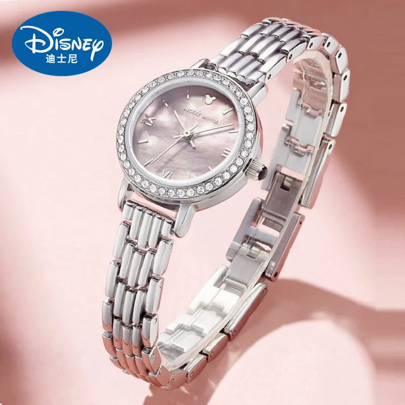 Disney Brand Original Mickey Mouse Women WristWatch Lady Fashion Quartz Clock Pearl Shell Dial Zircon Diamond Waterproof Religio