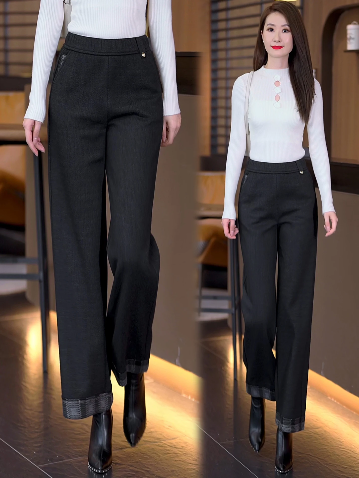 

Утепленные флисовые брюки-палаццо с высокой талией, прямые, женские, повседневные, осенне-зимние, новый стиль, с эластичным поясом, стройнящие