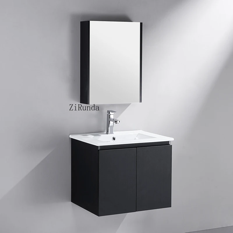 Mobile piccolo moderno, mobile da bagno a parete in compensato nero con lavabo e specchio
