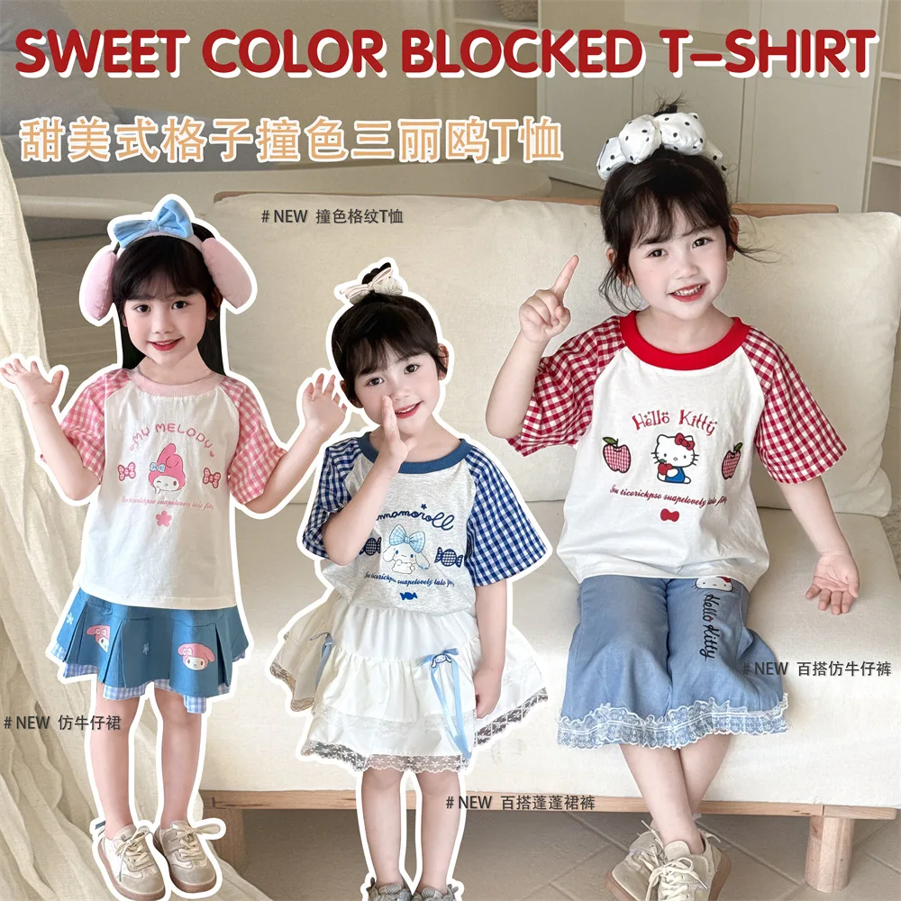

Новая летняя милая футболка Sanrio с короткими рукавами «Hello Kitty My Melody Cinnamoroll», детские топы с героями мультфильмов Kawaii для девочек