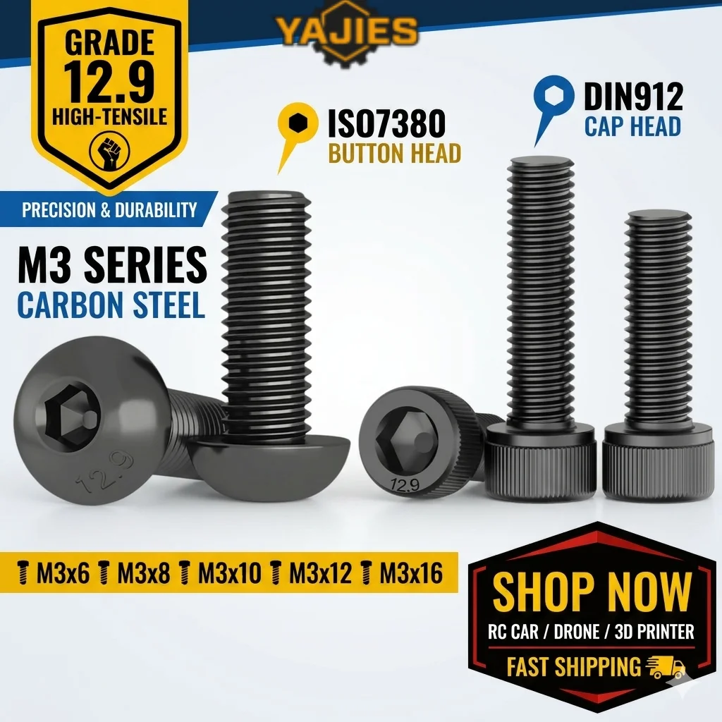12.9 Carbon Steel Hex Socket Cap Button Head Screw DIN912 ISO7380 M3 M3x6 M3x8 M3x10 M3x12 Bolt For RC Car Drone DIY 3D  Printer