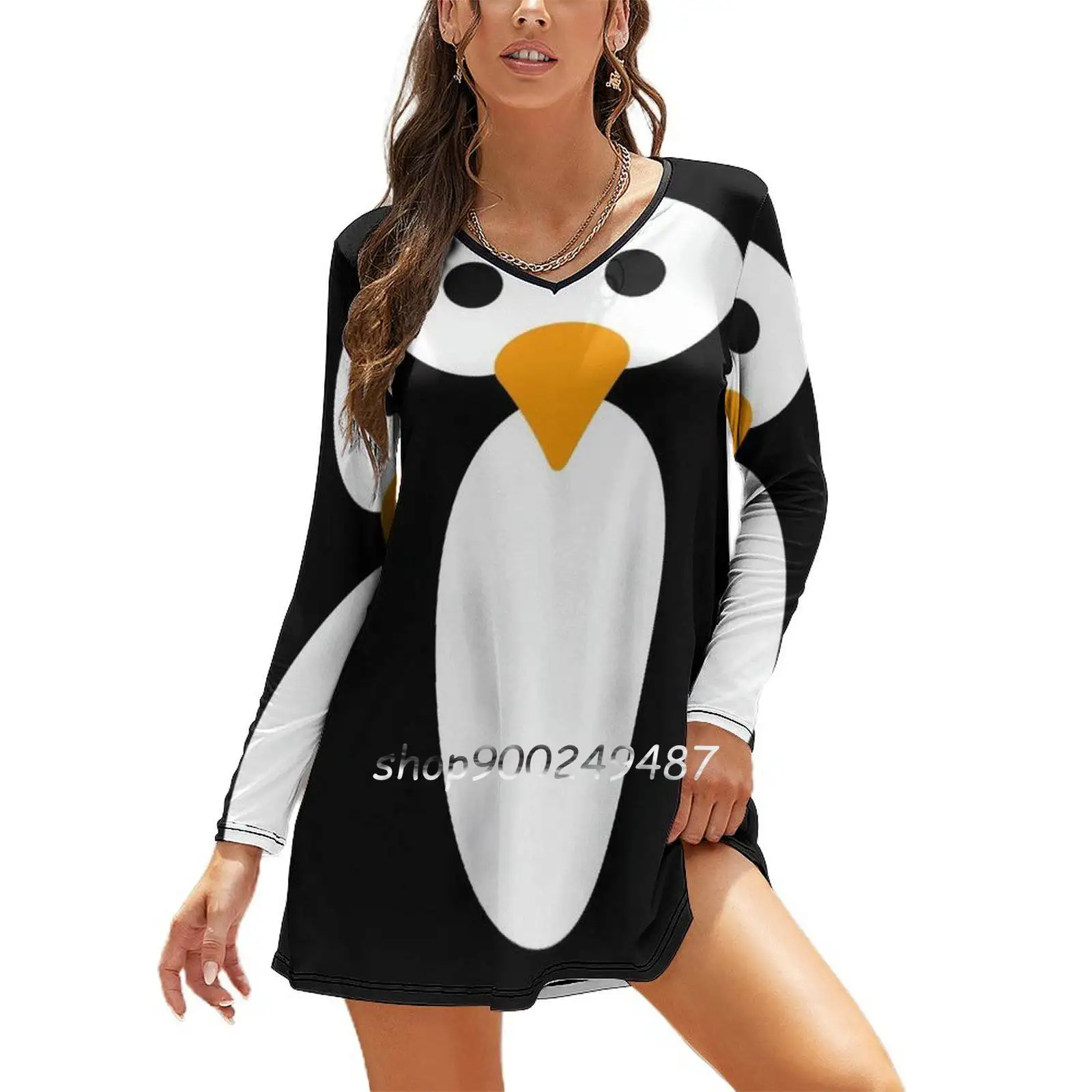 Minimal Penguin Slim Dress With Hollow Waist Autumn Winter Sexy V Neck Long Sleeve Dresses Penguin Minimal Black Orange Kids