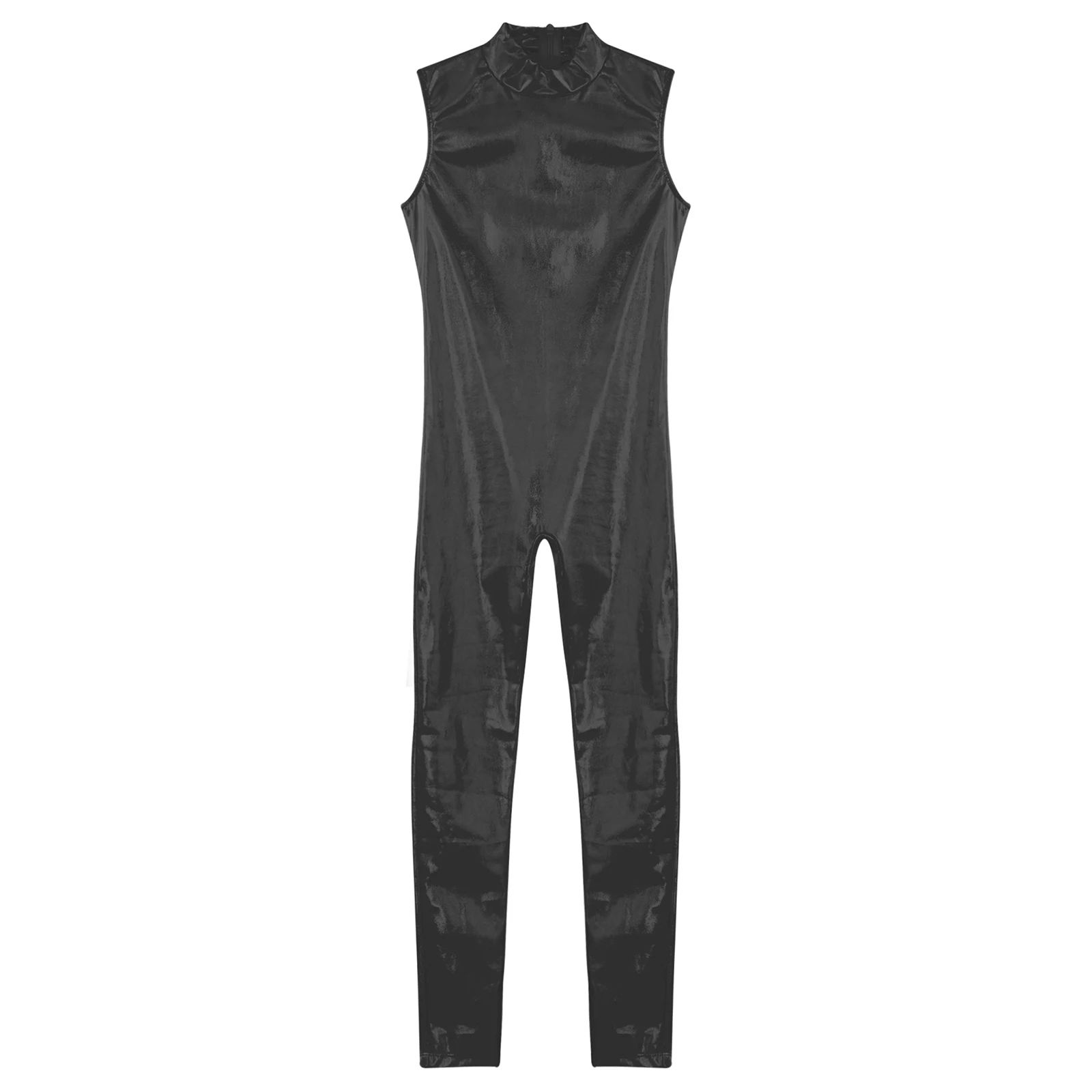 Kids Girls Dance Jumpsuit Metallic Full Body Leotard Shiny Mock Neck Sleeveless Bodysuit Dance Gymnastics Performance Costume