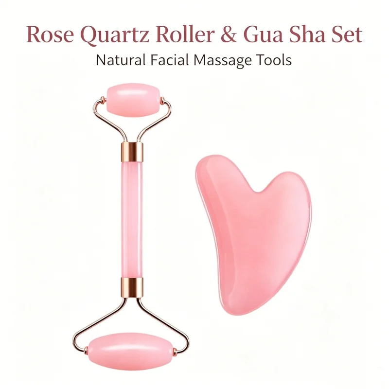 Translucent Pink Crystal Facial Massage Kit Double End Roller Heart Shape Gua Sha Stone Non-Jade Face Slimming Beauty Massager
