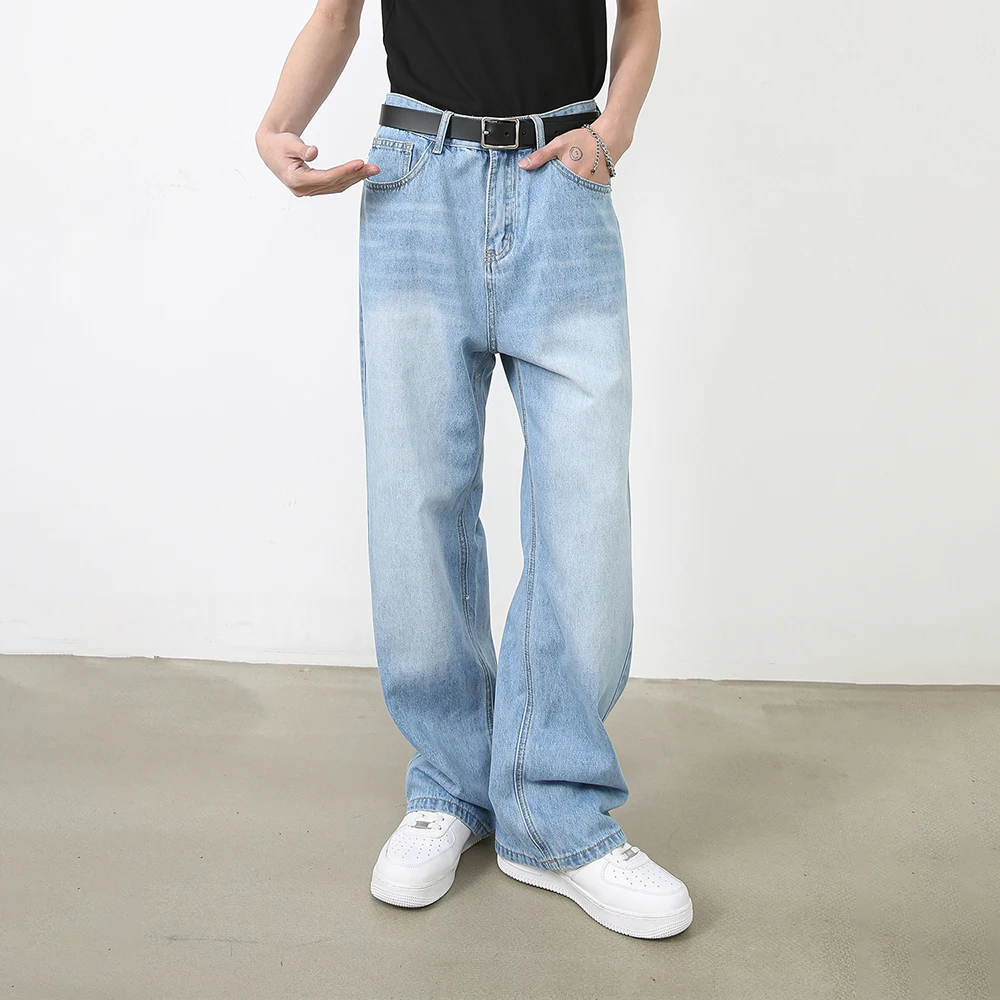 Women Men Wide Leg Denim Pants Trendy Gradient Washed High Waist Baggy Loose Jeans Vintage Streetwear Straight Trousers