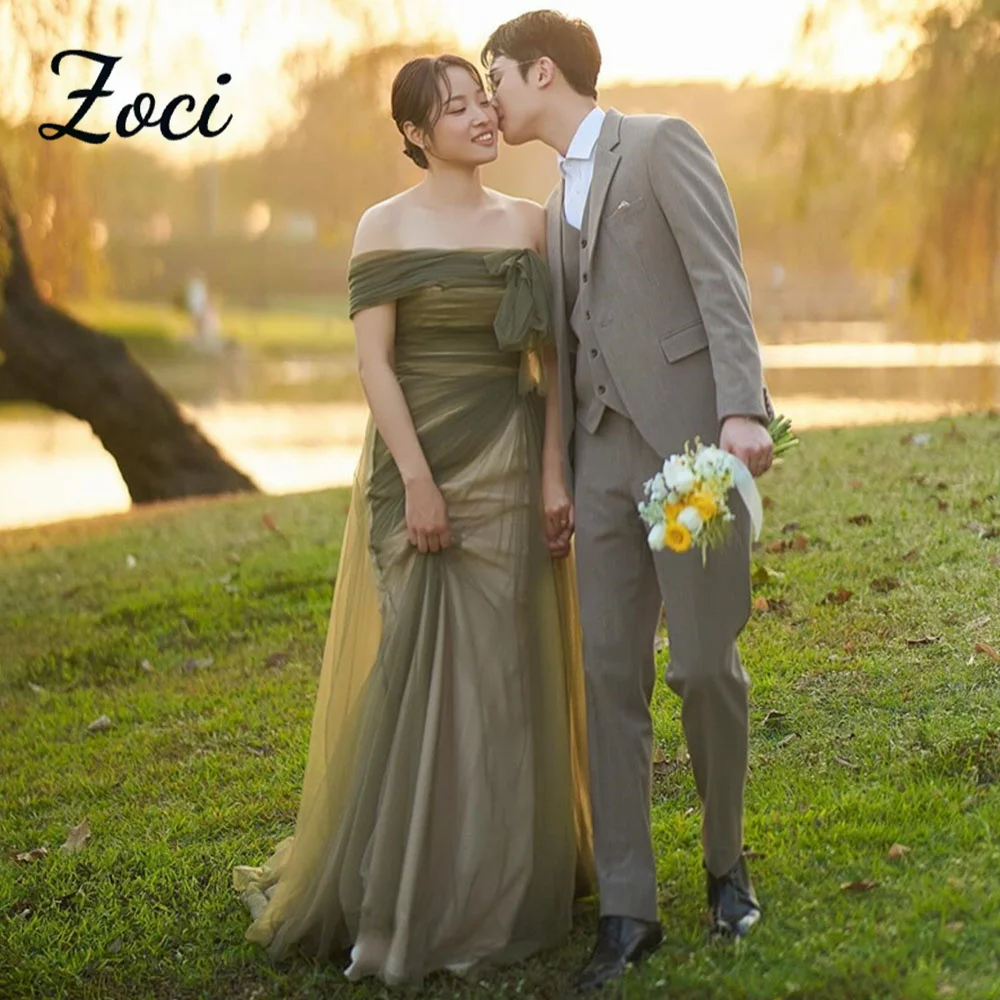 Zoci Abiti da sposa eleganti con scollo a barchetta verde con spalle scoperte Abito da sposa in morbido tulle a trapezio Abiti da sera per servizio fotografico coreano