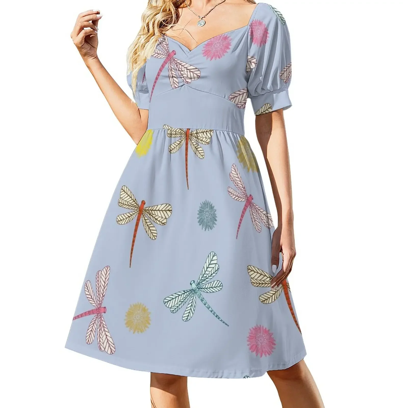 

Pretty Dragonflies and Flowers on Light Blue Short-Sleeved Dress elegant dress sexy dress for women summer