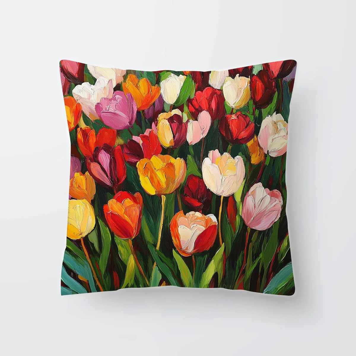 Bright Textured Tulip Oil Painting Throw Pillowcase Vibrant Spring Floral Art Perfect for Cozy Colorful Home Decor Cushion Cover