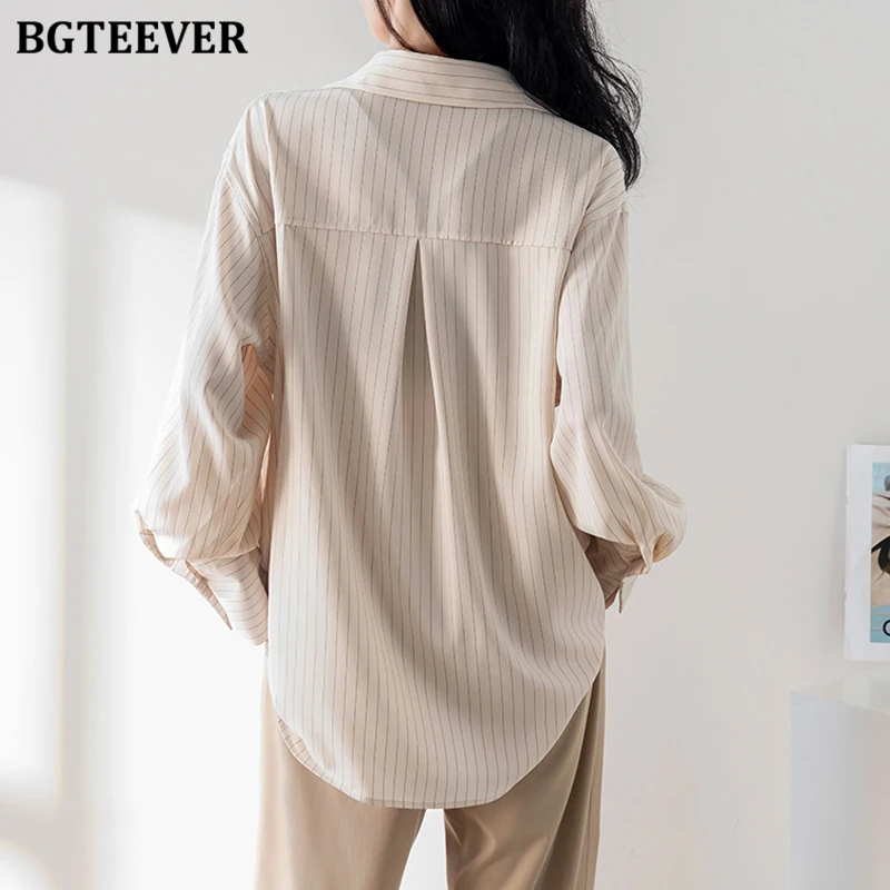 Bgteever casual turn-down colarinho senhoras camisas listradas primavera verão moda solta único breasted bolso blusas femininas topos