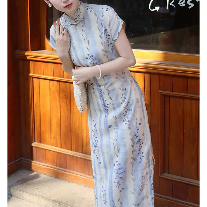 

Elegant New Chinese Style Reformed Rural Style Qipao Dress Summer Retro Artistic National Trend Simple Color Block Design