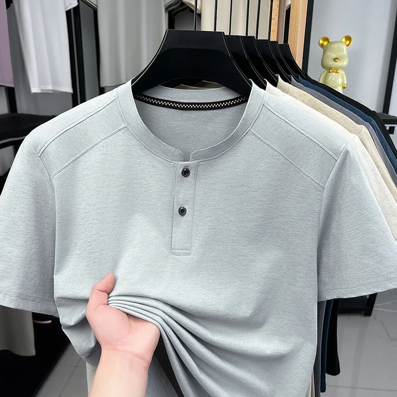 Men's Casual Style Henley Neck T Shirt With Button Placket Comfortable Fabric Short Sleeve For Daily Use