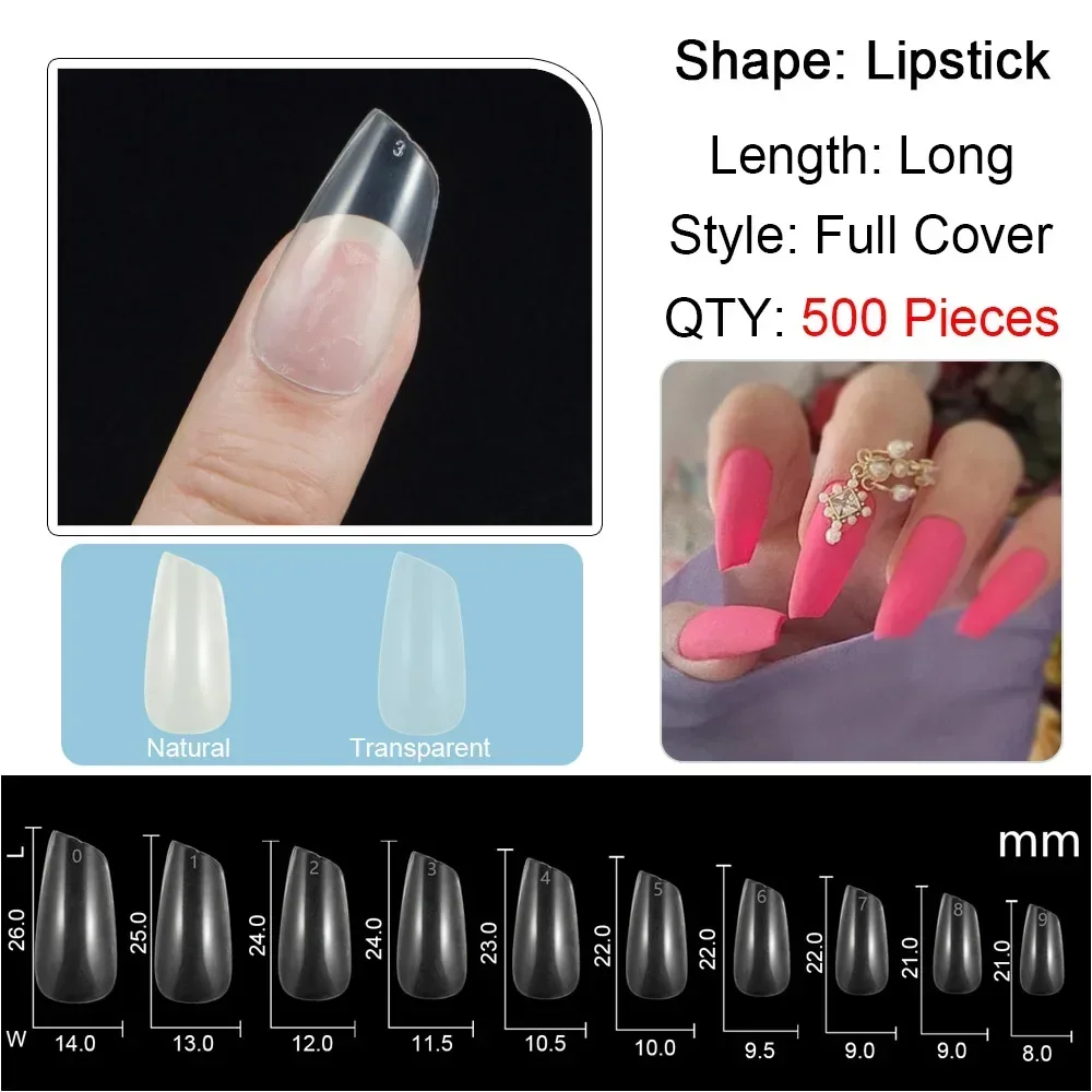 500 Stück abgeschrägte Lippenstiftform, falsche Nagelspitzen, transparent, natürlich, gefälschte künstliche Nagelkunstspitzen, Acryl, UV-Gel-Nagellack, Maniküre