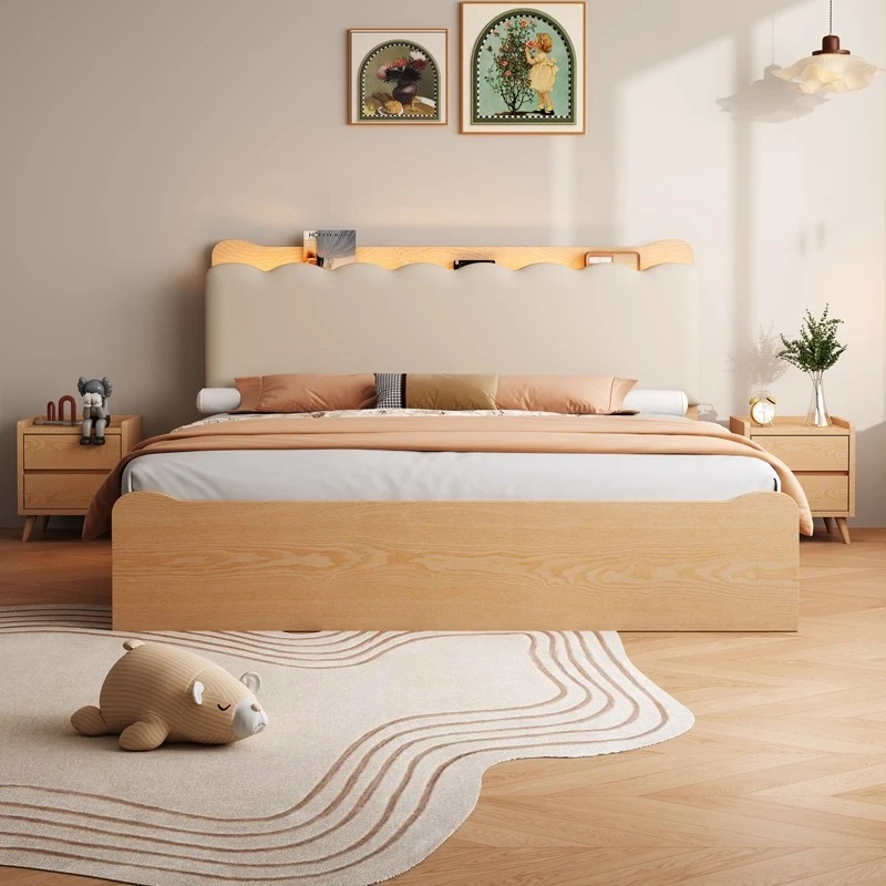Bed Frame with Storage Space Night Light Charging Port Suit for Children Oak Solid Wood Bed Modern Minimalist Bedroom Furniture