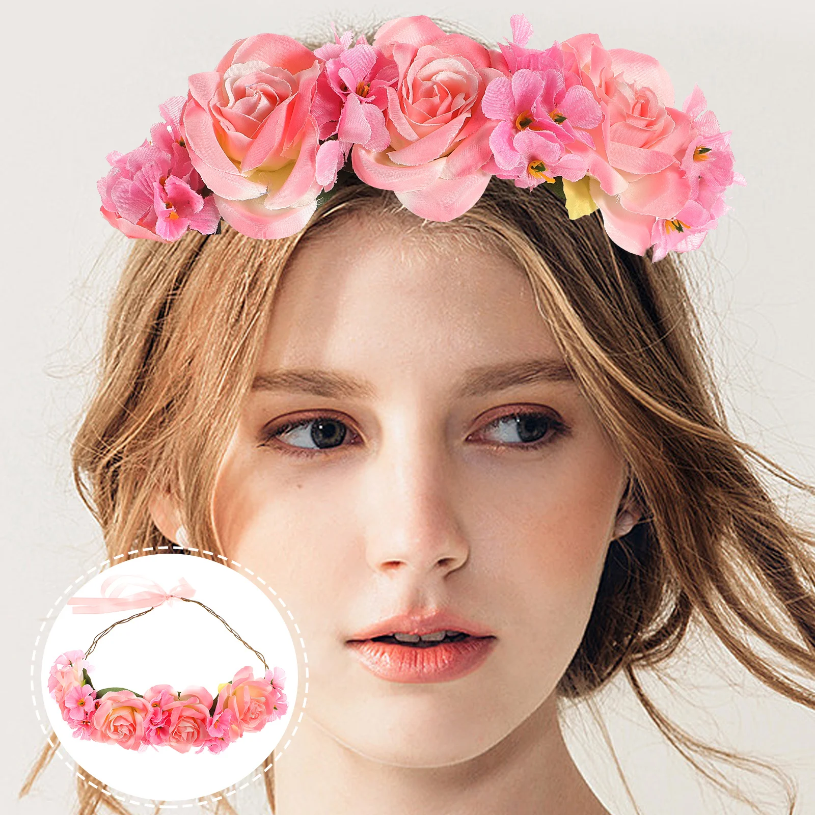 

Artificial Flower Hair Bands Pink Rose Headband Elegant Simulation Design Adjustable Ribbon Hairstyle Accessory For Wedding