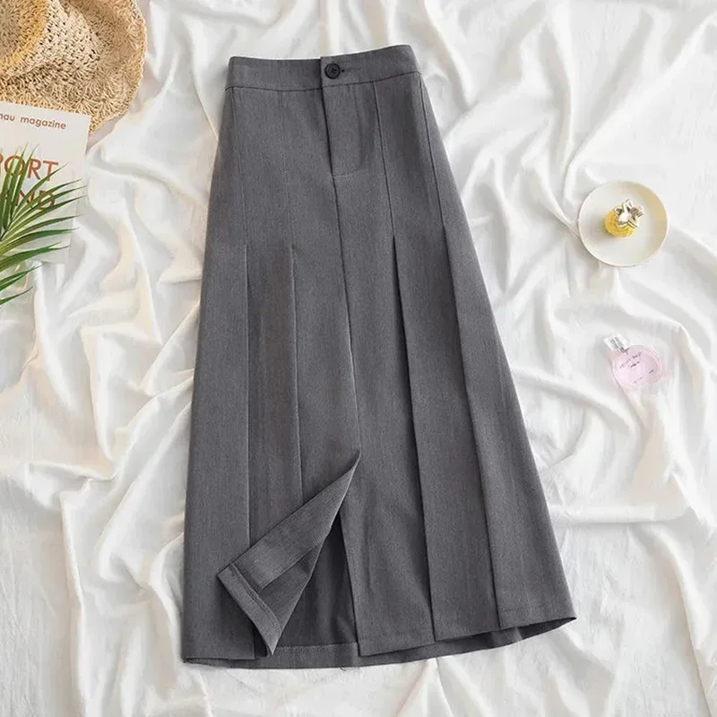 Gonna lunga a pieghe grigio nero per donna autunno gonne a vita alta in stile giapponese gonna longuette Streetwear da ufficio donna