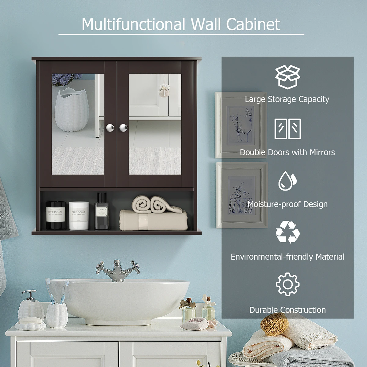 Wall Mount Mirror Cabinet Bathroom Medicine Cabinet Organizer Brown