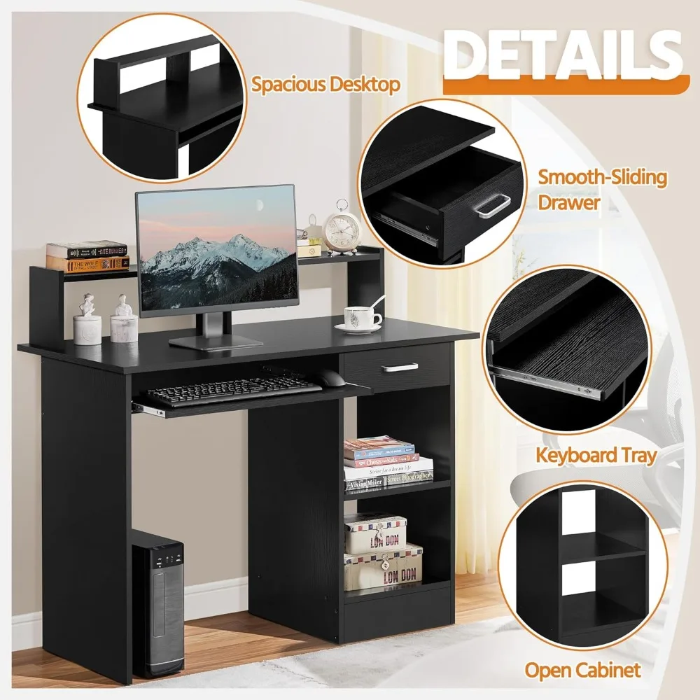 مكتب مكتب منزلي خشبي مع أدراج، وصينية لوحة مفاتيح قابلة للسحب، وقفص للدراسة واستخدام الكمبيوتر المحمول