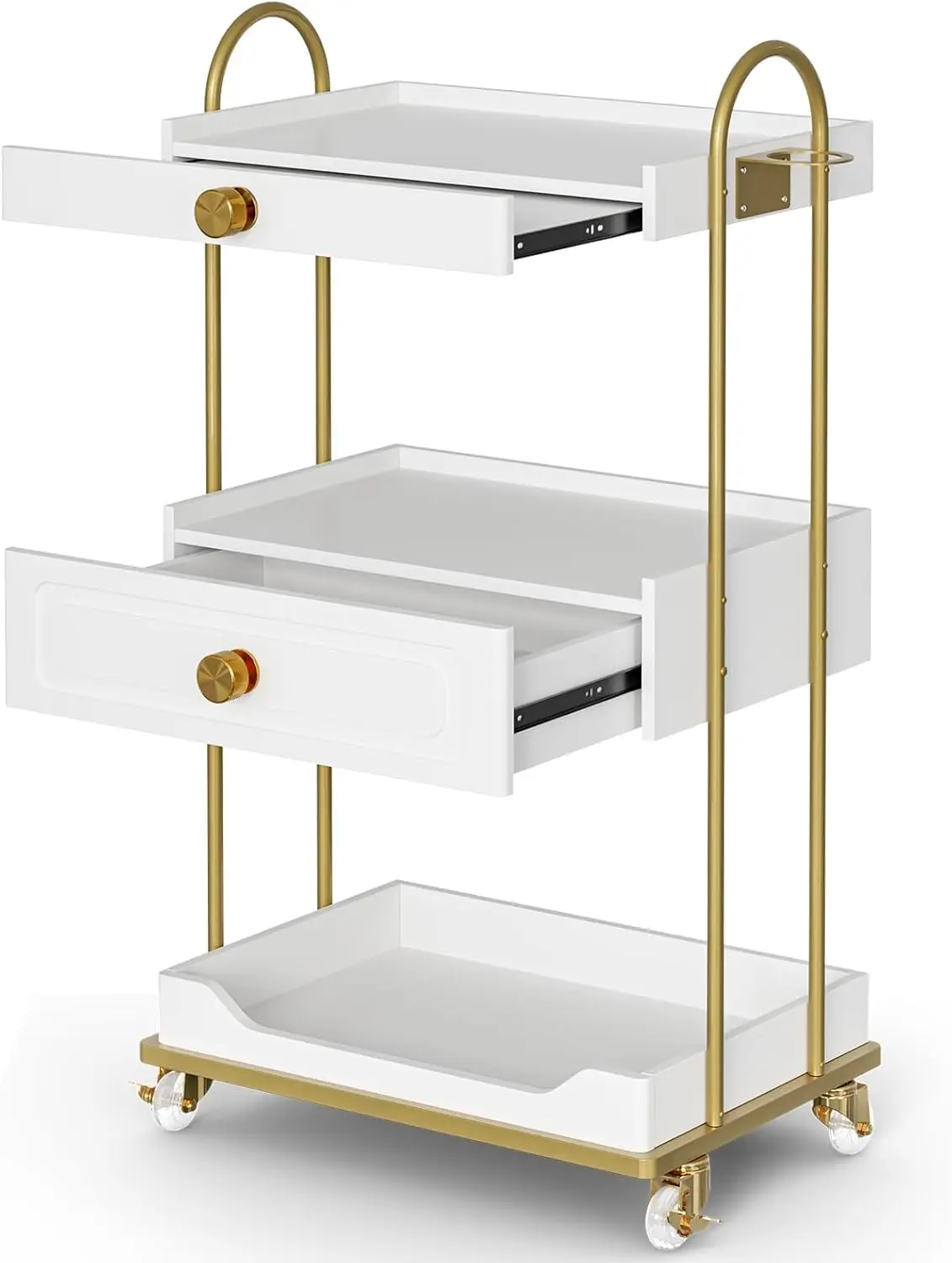 Barber Salon Trolley Cart w/Lockable Wheels, 3-Tier Rolling Beauty Cart with 2 Drawers & Dryer Holder, Mobile Beauty